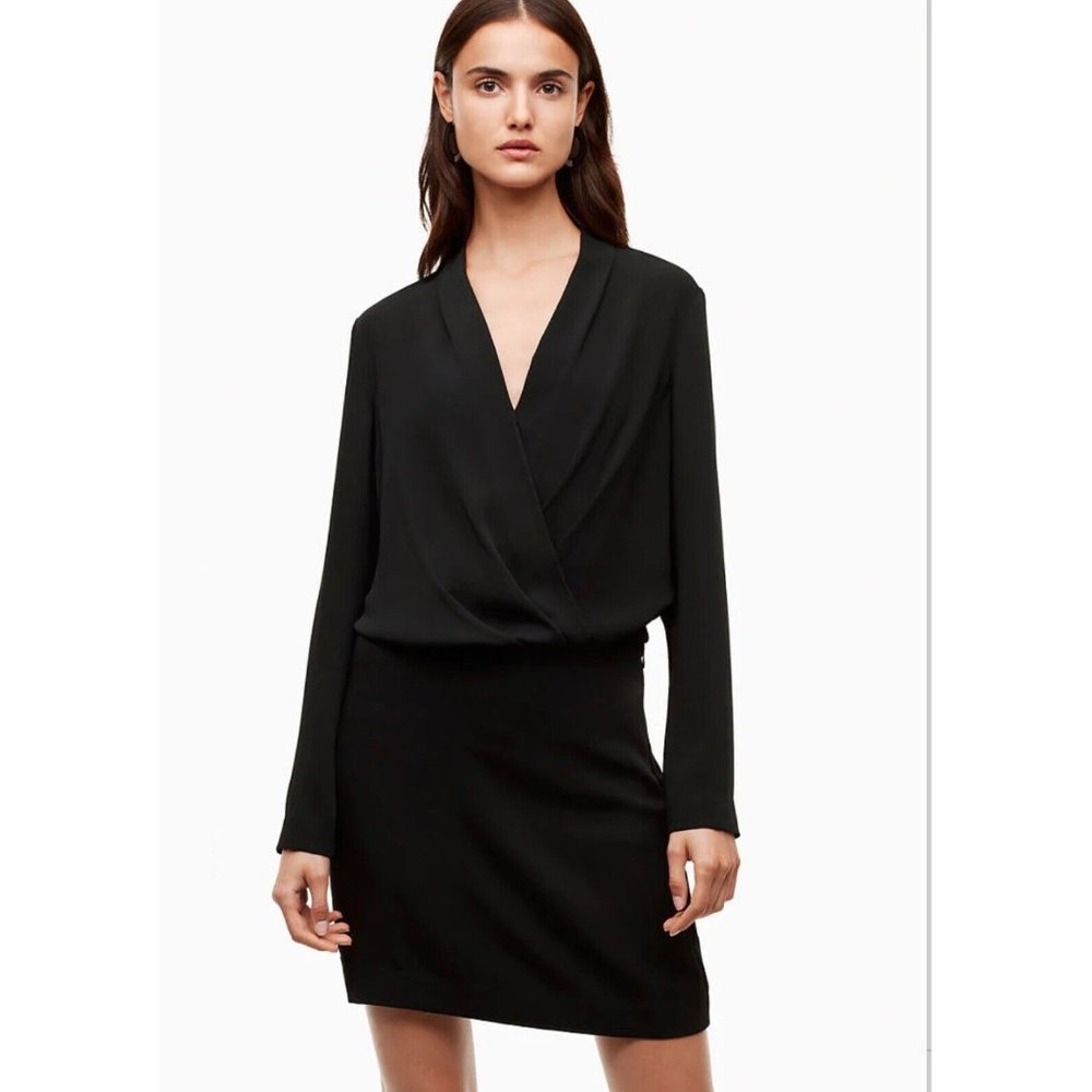Aritzia Babaton Gershwin Black Dress Women Size 0 Long Sleeve Wrap Mini Modest